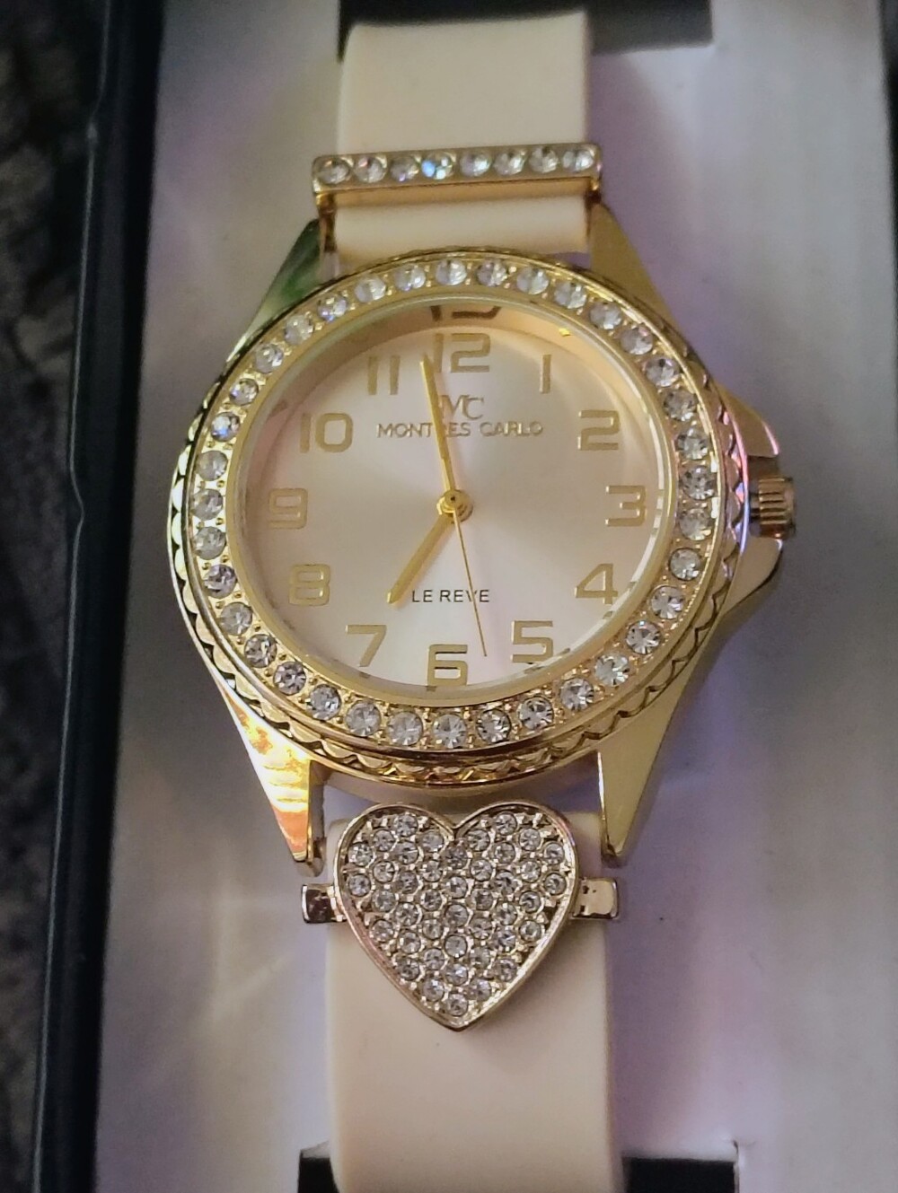 Montres Carlo Gold Heart With‎ Rhinestones Woman's Watch NWT